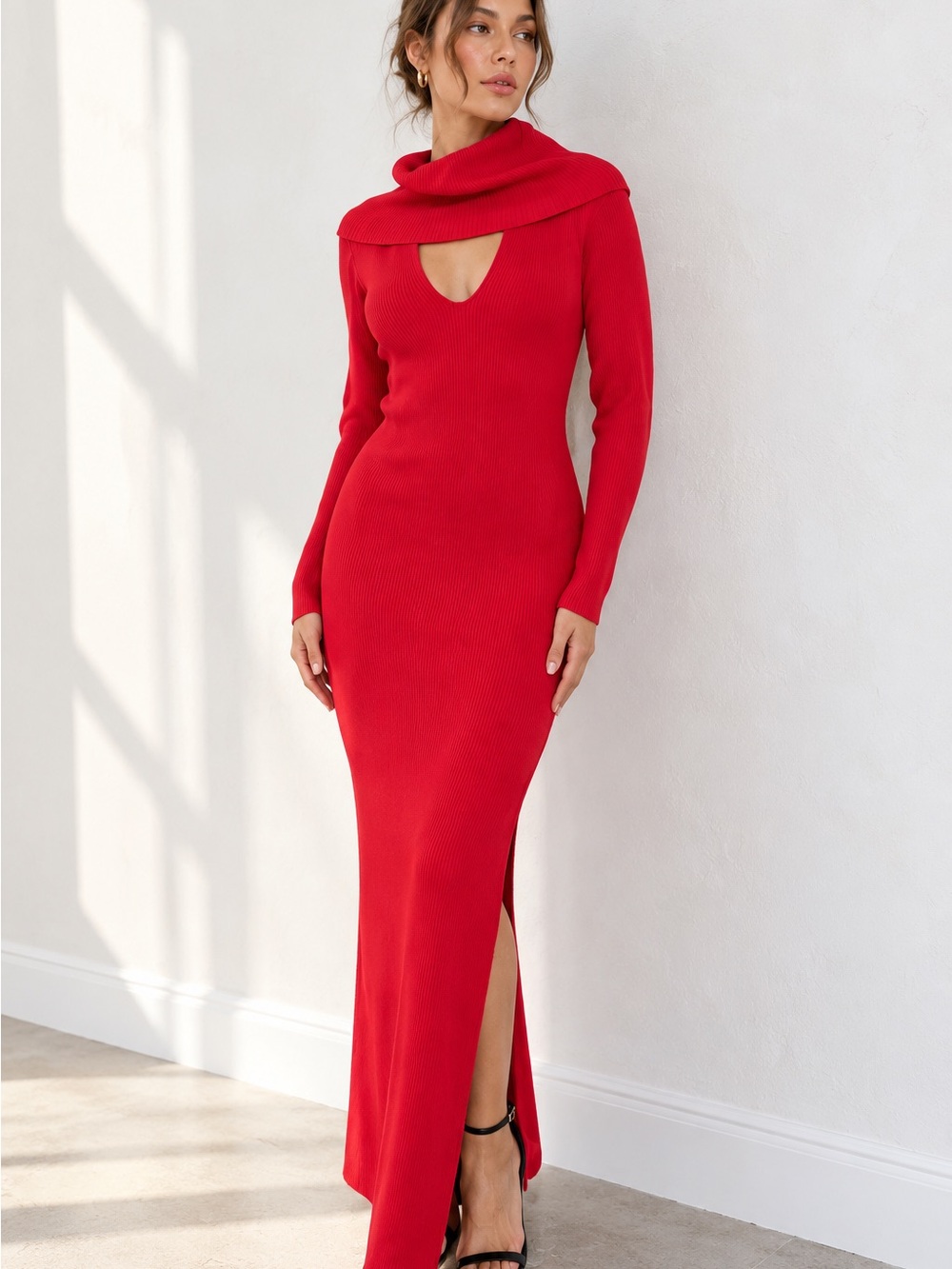 Marcell Von Berlin Red Ribbed Stretch Maxi Dress Cutout Designer Sample Sz 4